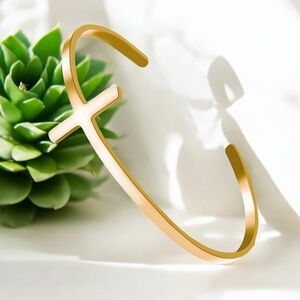 Gold Cross Cuff Bracelet, Unisex, Modern, Adjustable